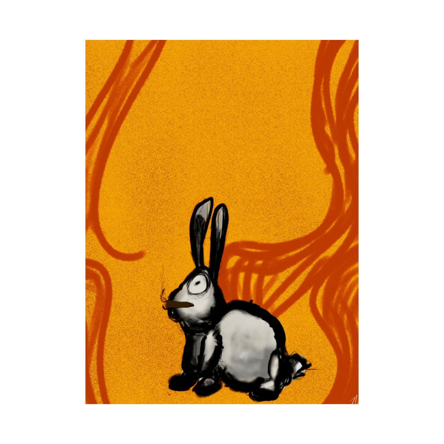 Just Prey (Poster) - This matte vertical poster brings a small, curious rabbit to life against a warm, textured orange backdrop (View 6)