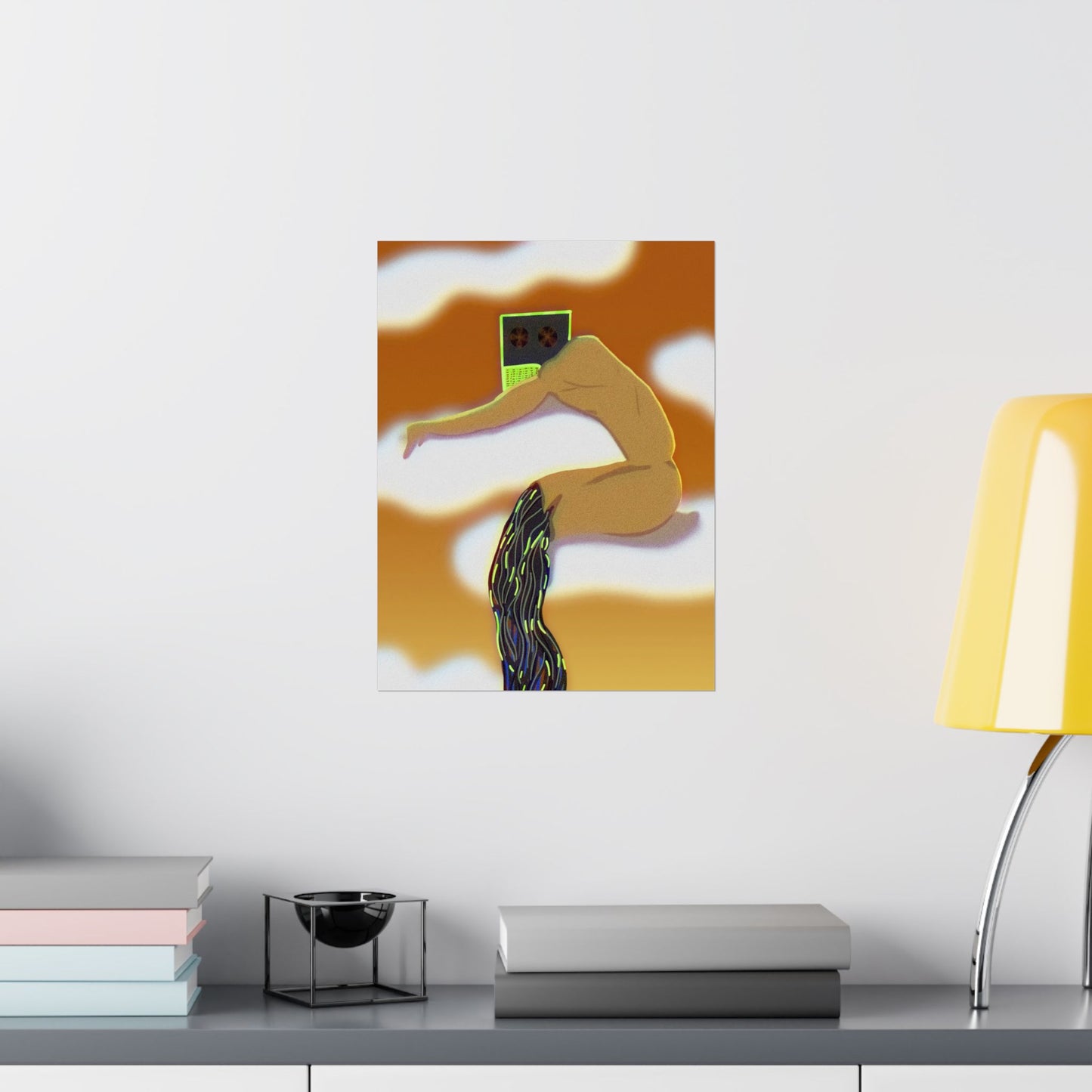 Wired and Tired (Poster) - Warm, surreal, and quietly provocative—this matte vertical poster captures a dreamlike moment where the human form an... (View 3)