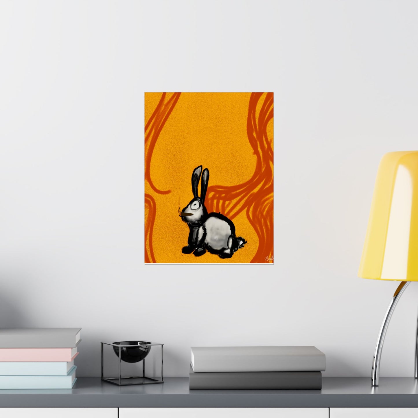 Just Prey (Poster) - This matte vertical poster brings a small, curious rabbit to life against a warm, textured orange backdrop (View 16)