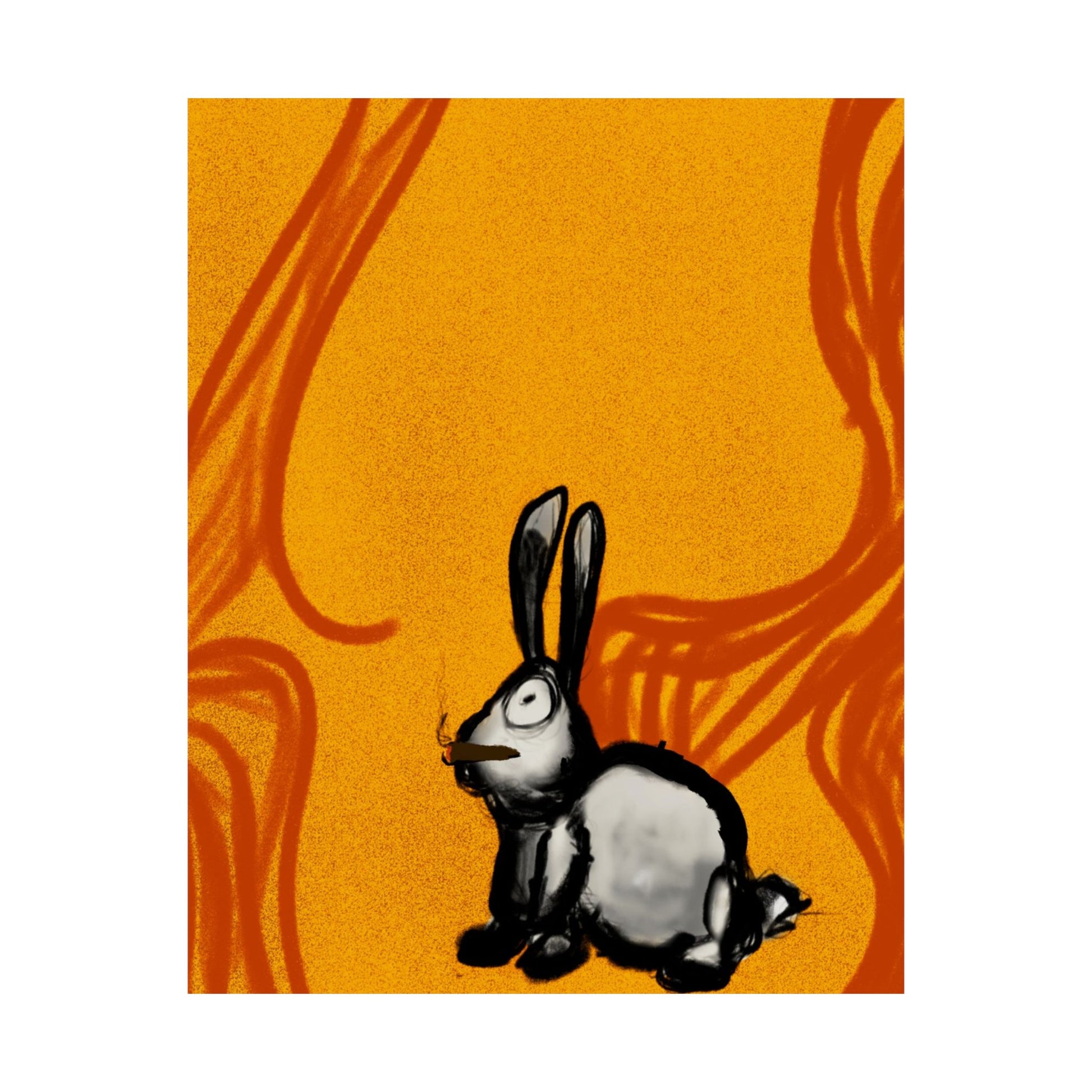 Just Prey (Poster) - This matte vertical poster brings a small, curious rabbit to life against a warm, textured orange backdrop