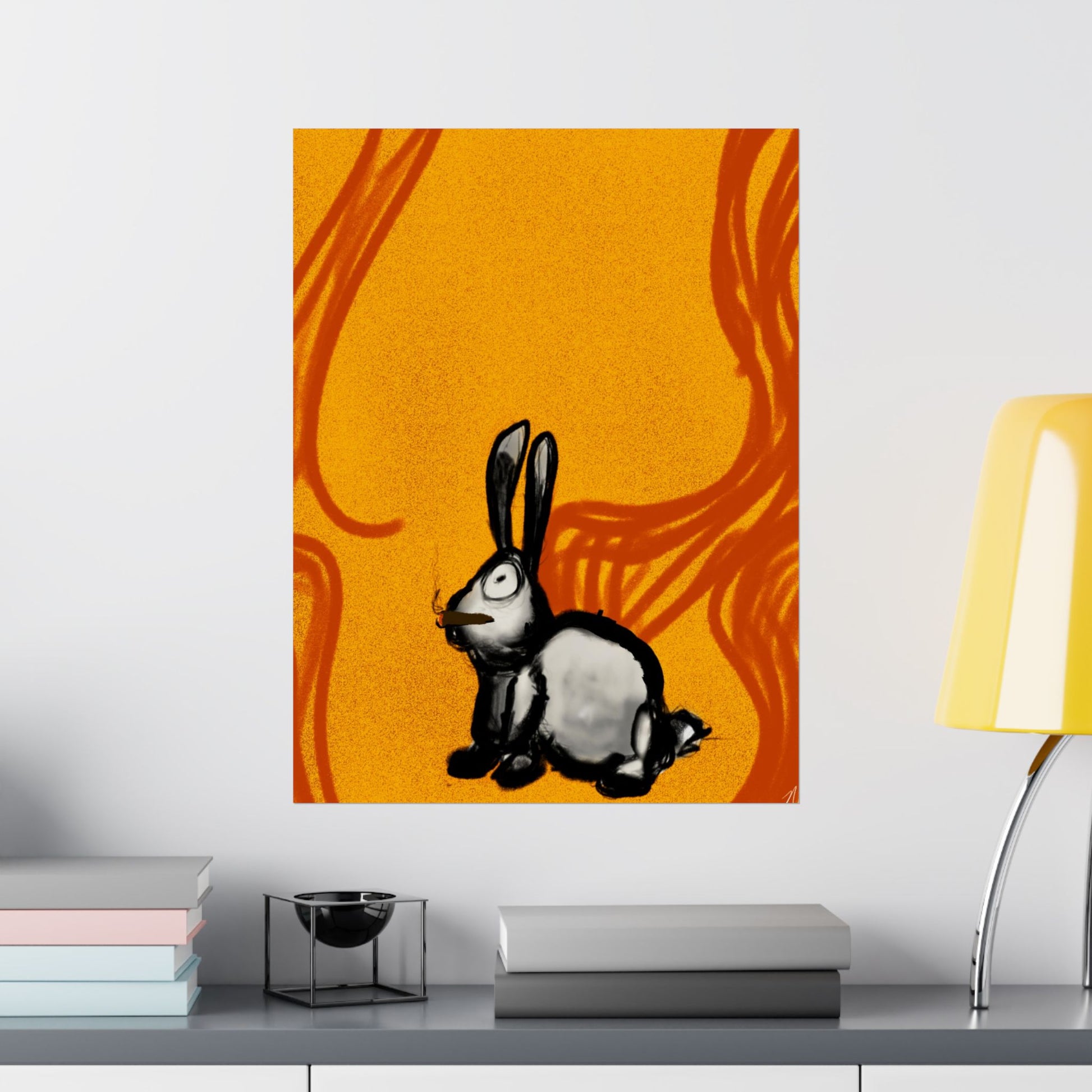 Just Prey (Poster) - This matte vertical poster brings a small, curious rabbit to life against a warm, textured orange backdrop (View 19)