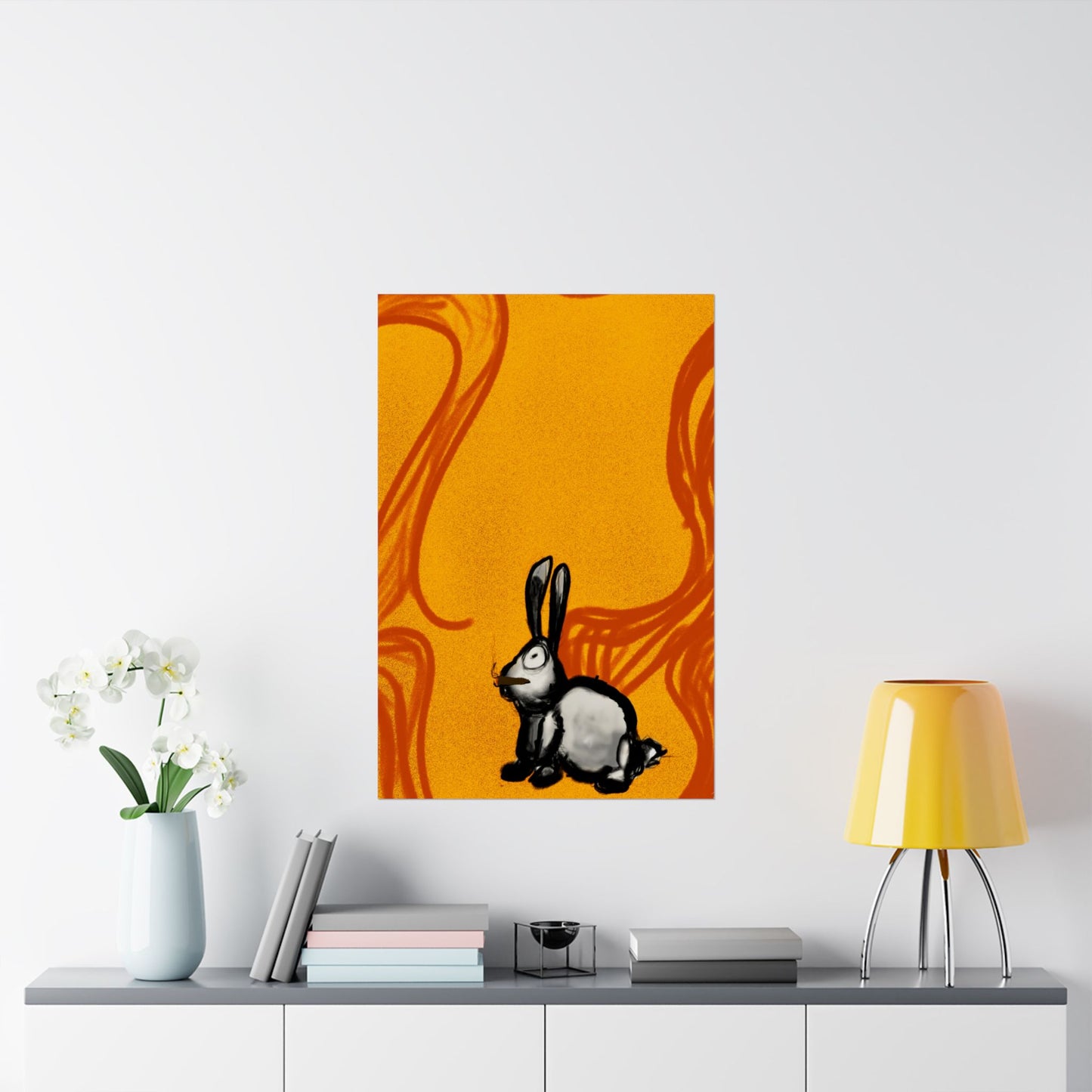 Just Prey (Poster) - This matte vertical poster brings a small, curious rabbit to life against a warm, textured orange backdrop (View 21)