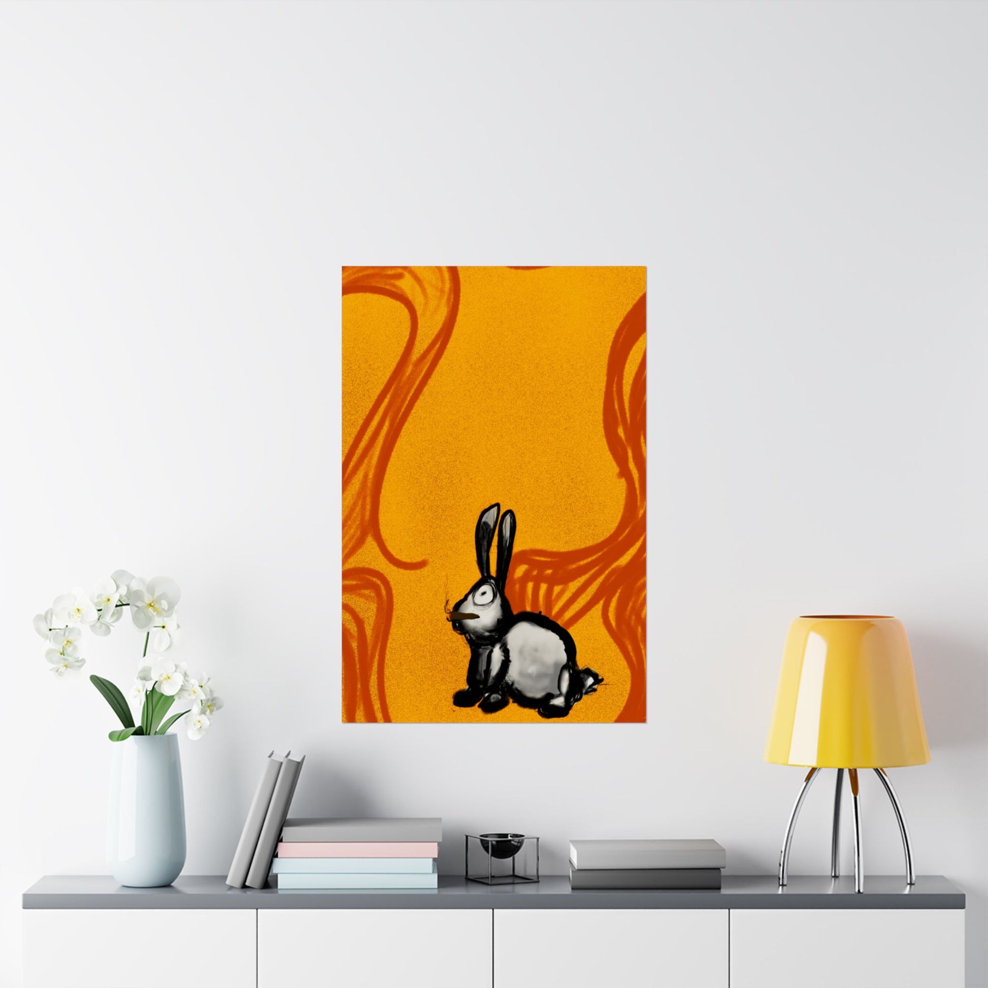Just Prey (Poster) - This matte vertical poster brings a small, curious rabbit to life against a warm, textured orange backdrop (View 21)