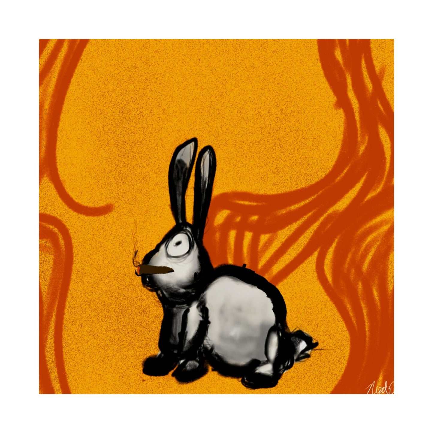 Just Prey (Poster) - This matte vertical poster brings a small, curious rabbit to life against a warm, textured orange backdrop (View 10)