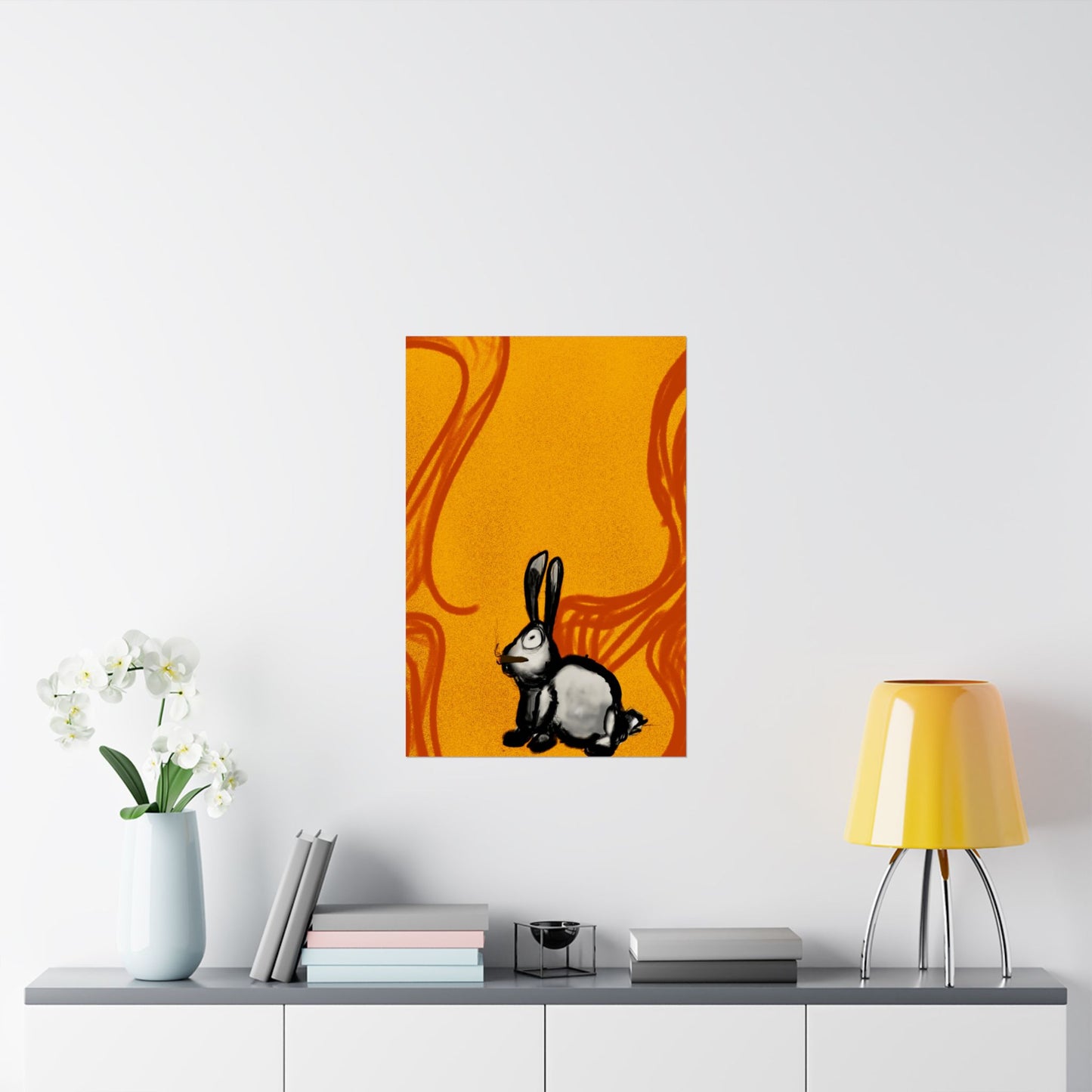 Just Prey (Poster) - This matte vertical poster brings a small, curious rabbit to life against a warm, textured orange backdrop (View 20)
