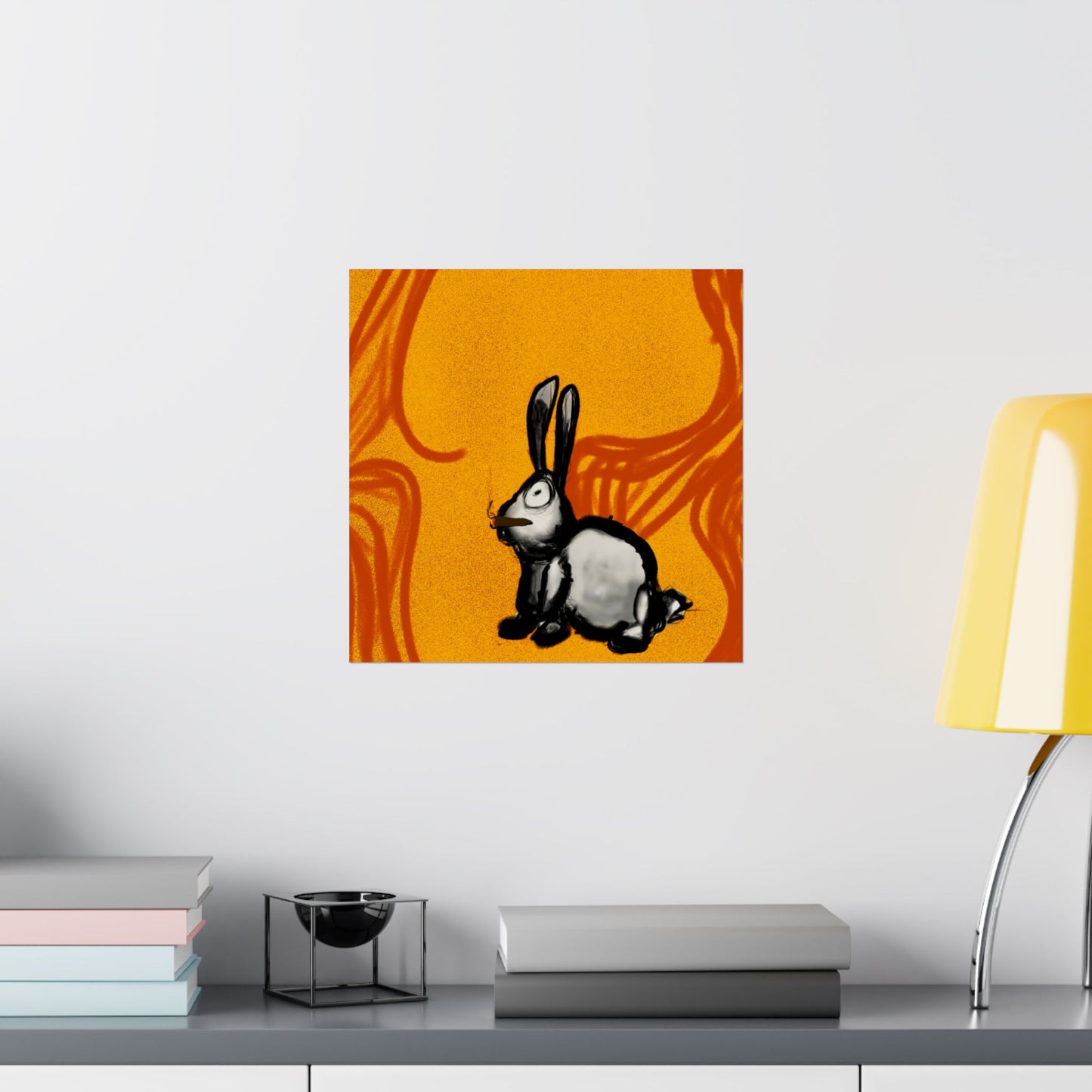 Just Prey (Poster) - This matte vertical poster brings a small, curious rabbit to life against a warm, textured orange backdrop (View 24)
