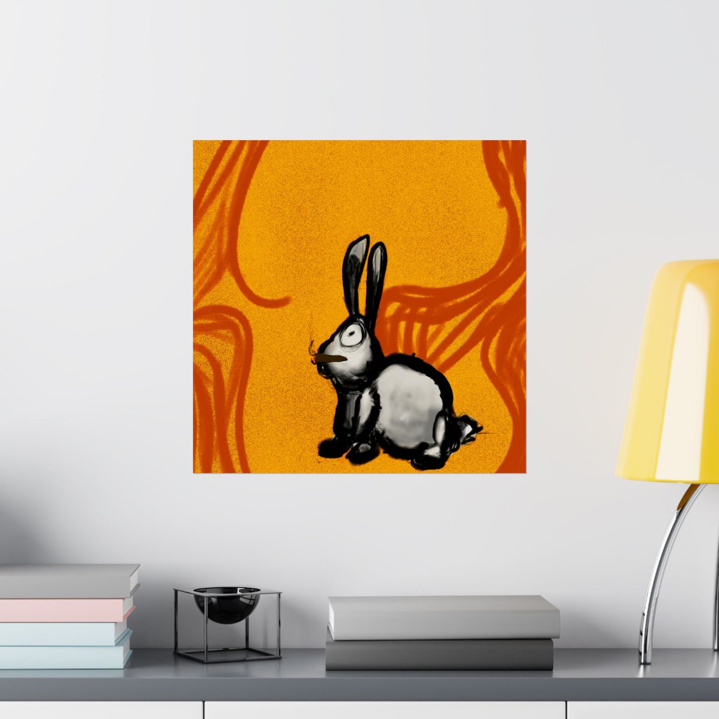 Just Prey (Poster) - This matte vertical poster brings a small, curious rabbit to life against a warm, textured orange backdrop (View 26)