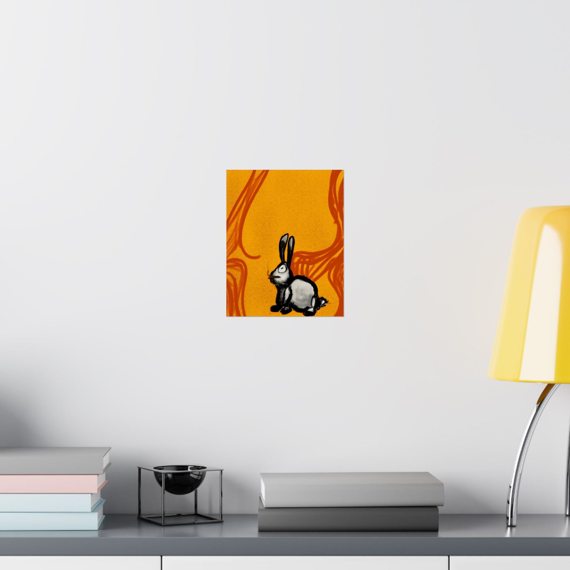 Just Prey (Poster) - This matte vertical poster brings a small, curious rabbit to life against a warm, textured orange backdrop (View 14)