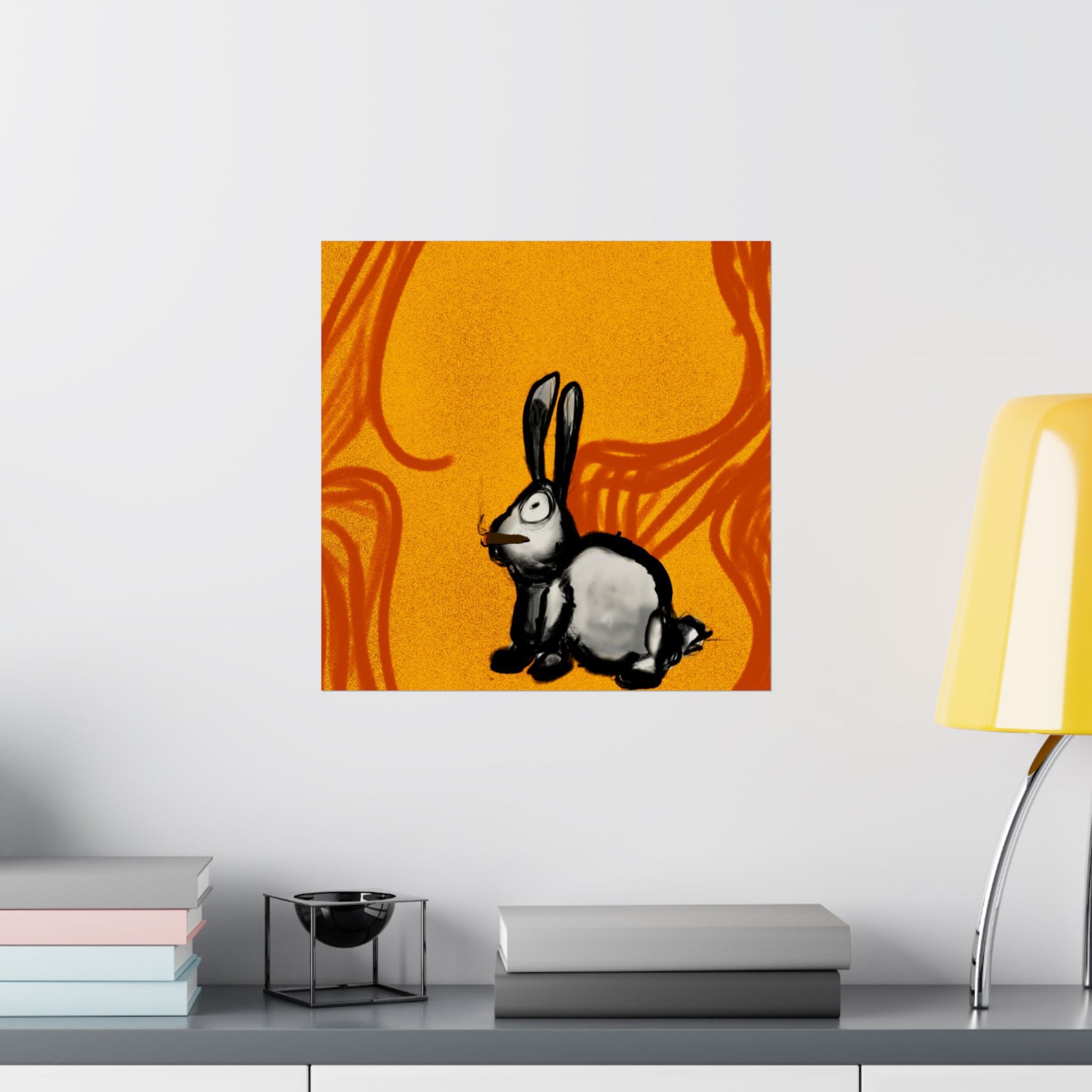 Just Prey (Poster) - This matte vertical poster brings a small, curious rabbit to life against a warm, textured orange backdrop (View 25)