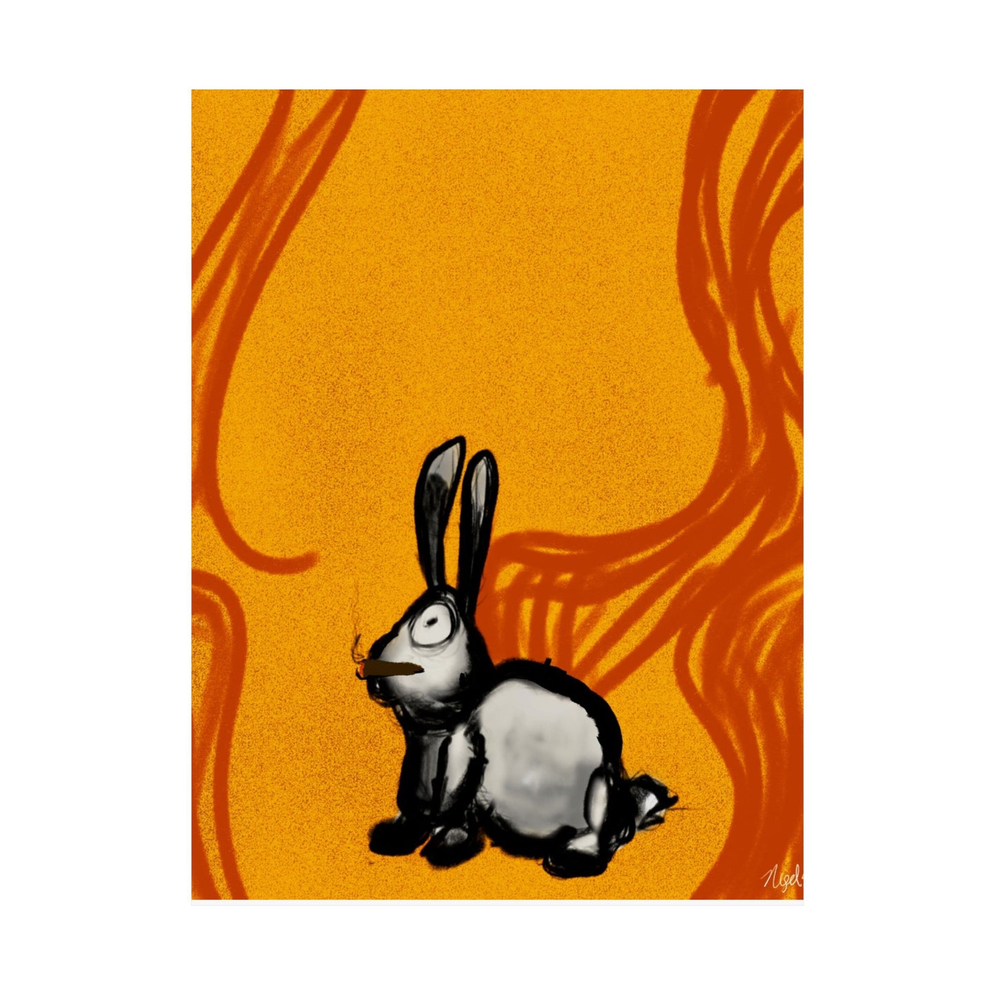 Just Prey (Poster) - This matte vertical poster brings a small, curious rabbit to life against a warm, textured orange backdrop (View 3)