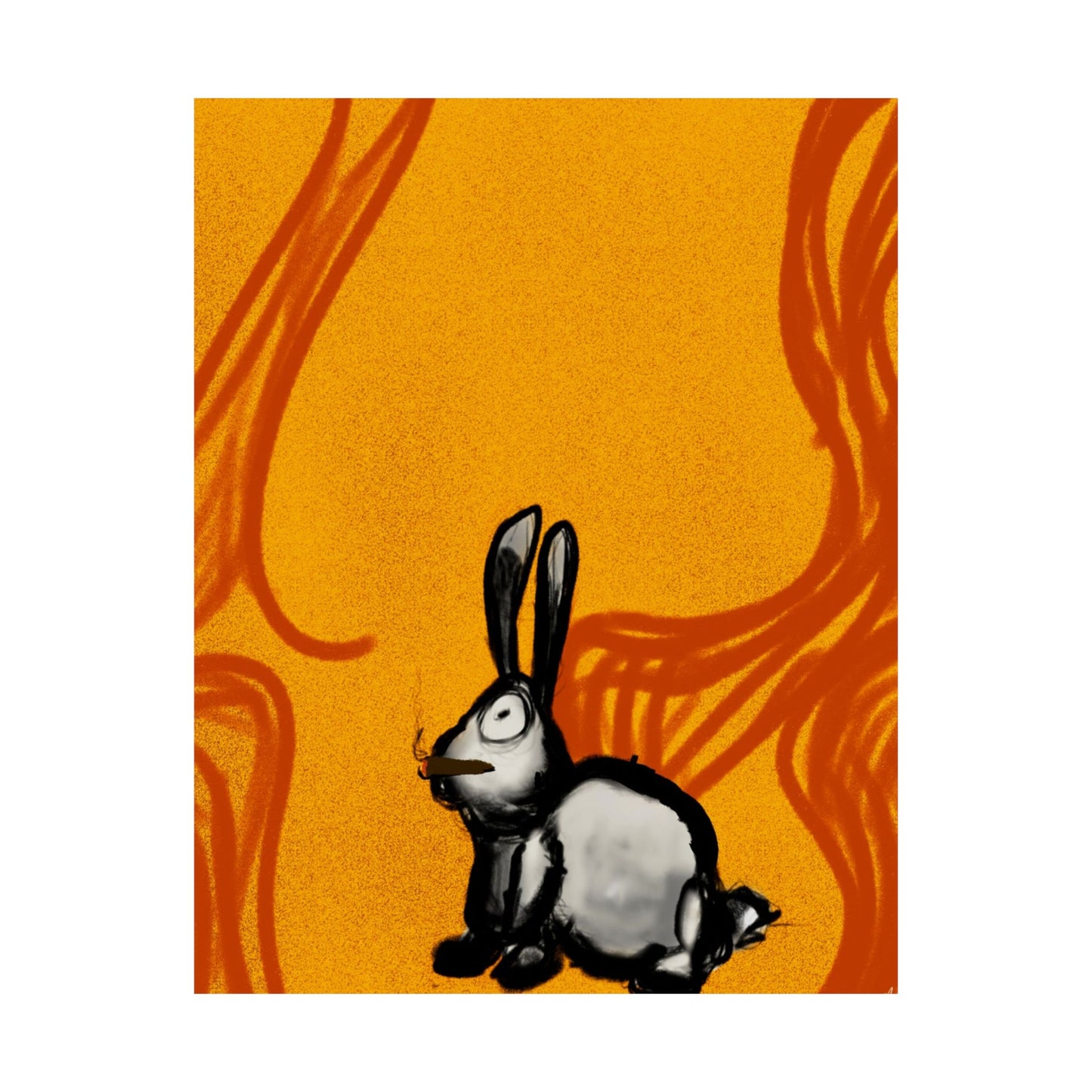 Just Prey (Poster) - This matte vertical poster brings a small, curious rabbit to life against a warm, textured orange backdrop (View 2)