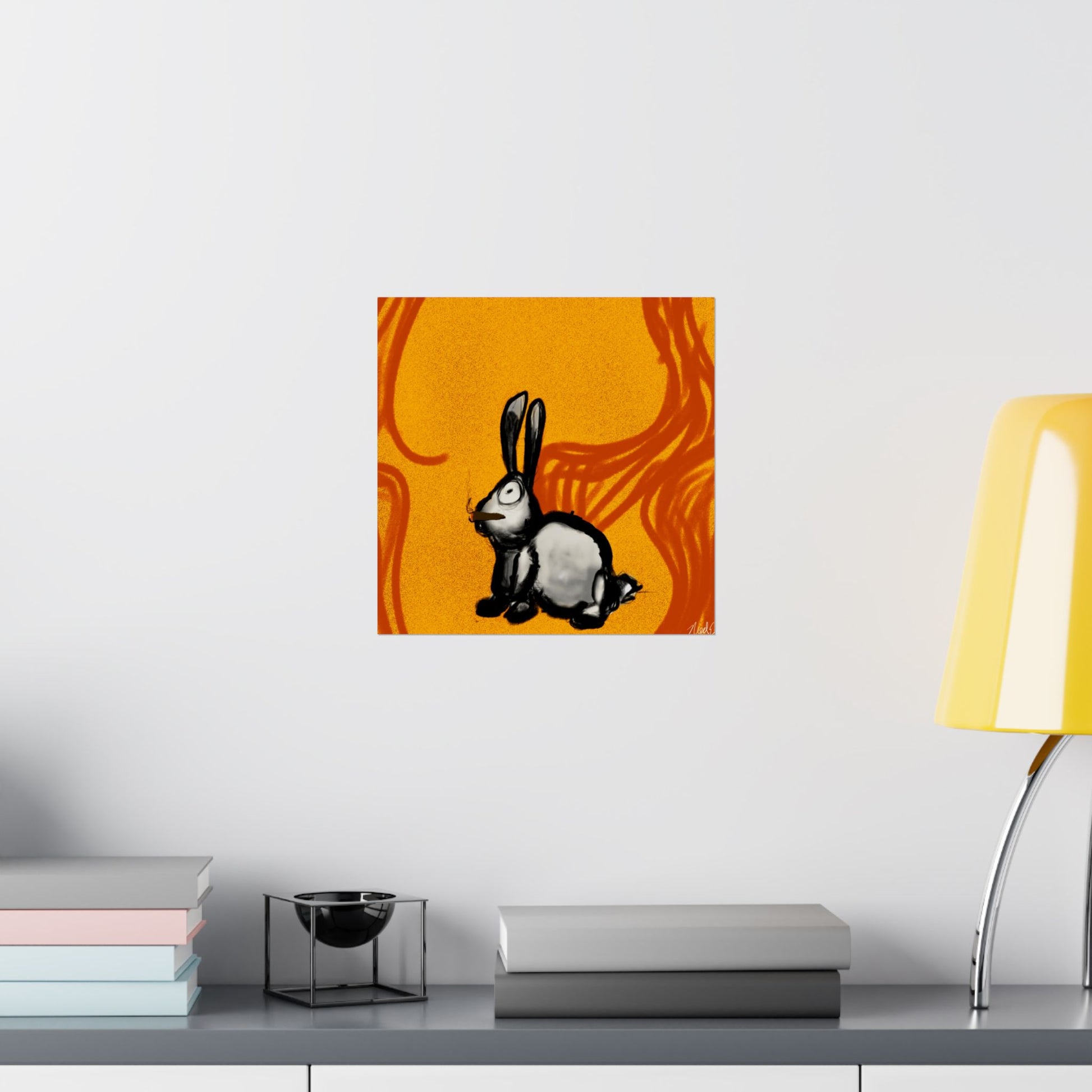 Just Prey (Poster) - This matte vertical poster brings a small, curious rabbit to life against a warm, textured orange backdrop (View 23)