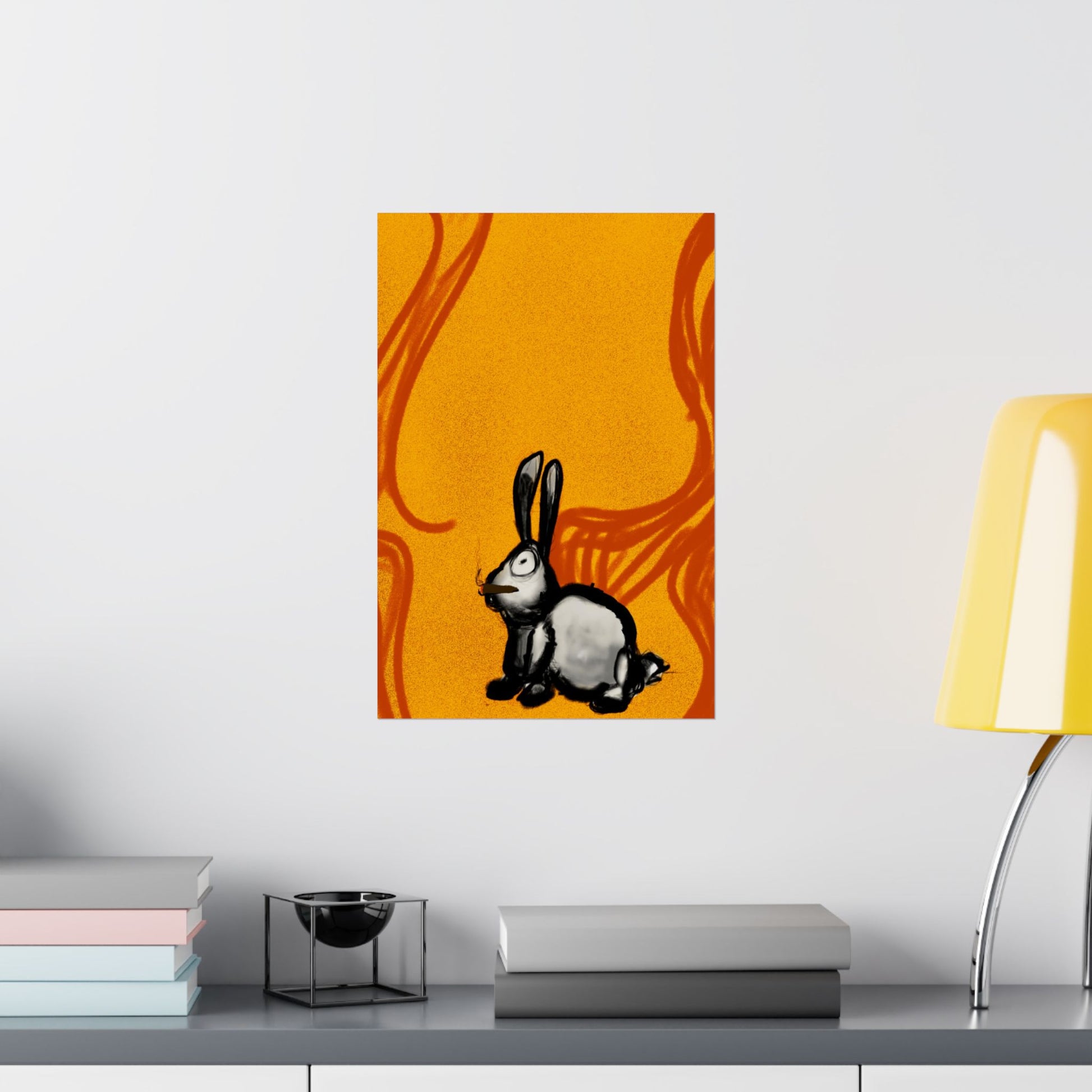 Just Prey (Poster) - This matte vertical poster brings a small, curious rabbit to life against a warm, textured orange backdrop (View 17)