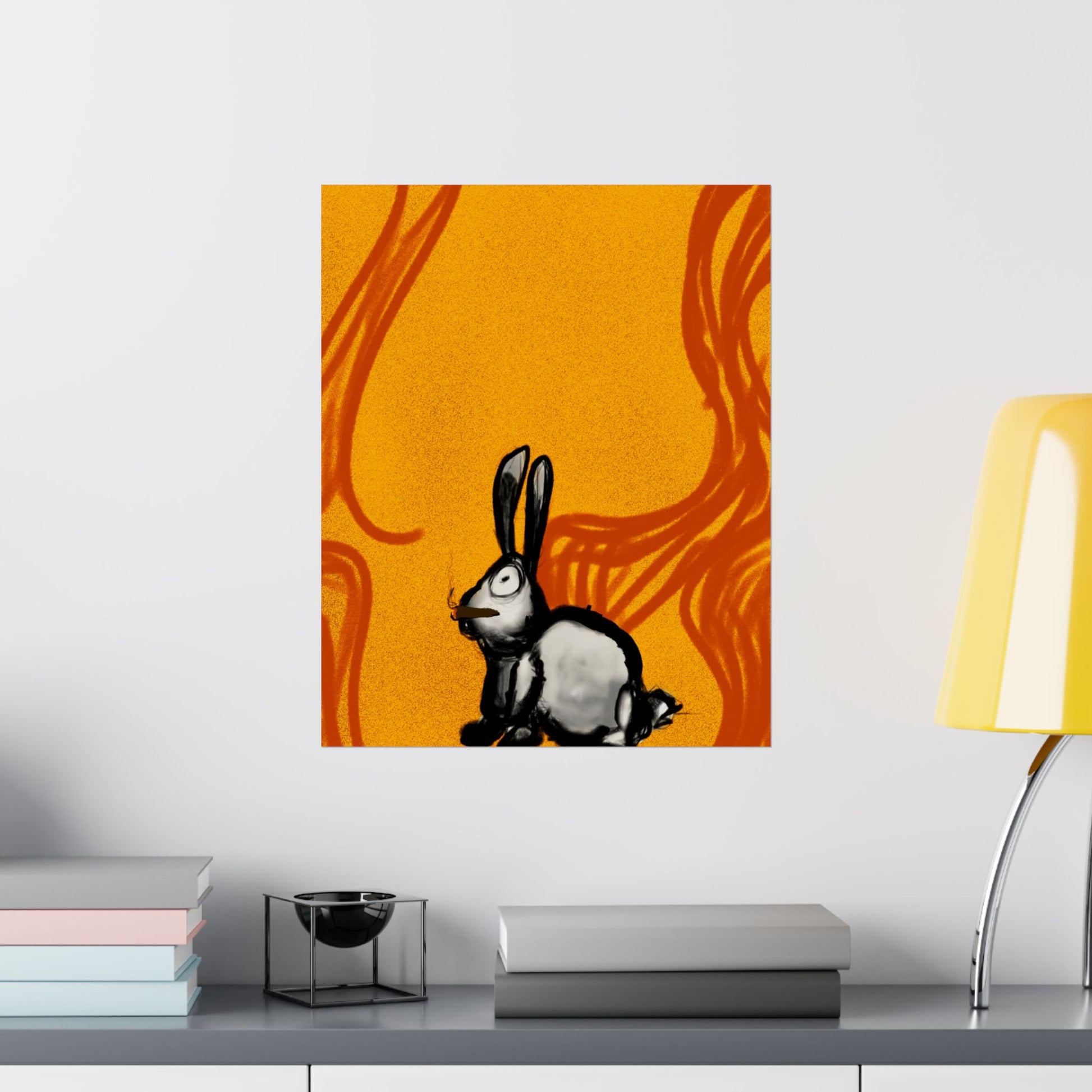 Just Prey (Poster) - This matte vertical poster brings a small, curious rabbit to life against a warm, textured orange backdrop (View 18)