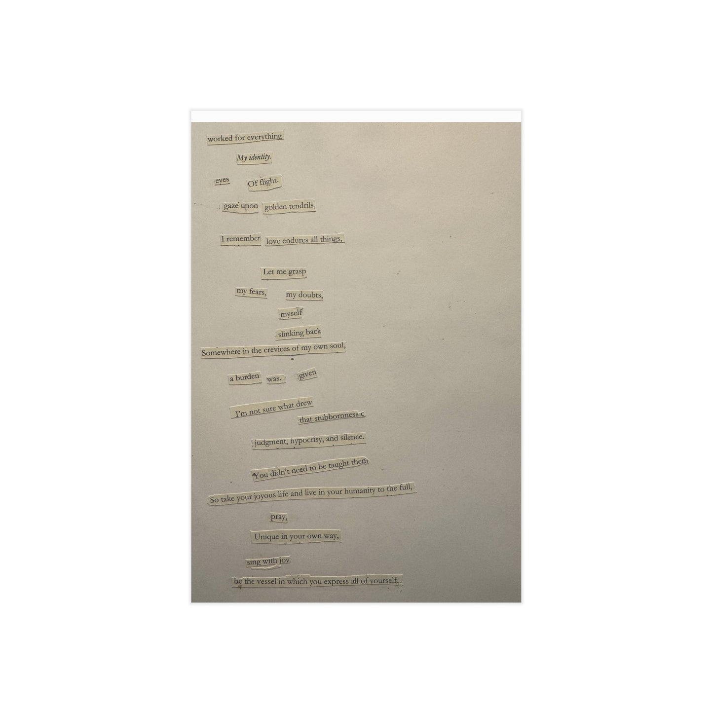 Minimalist Poetry Print — Blackout Poem Unframed Art Print (Paper products) - This unframed print captures a quiet, intimate moment — a piece of text art rendered on warm, slightly aged paper wit... (View 2)