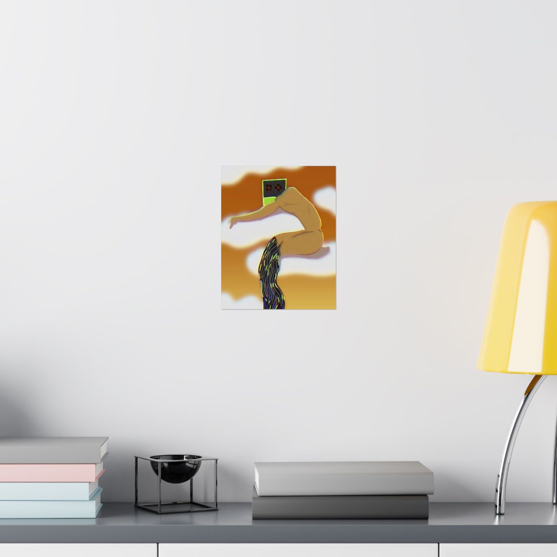 Wired and Tired (Poster) - Warm, surreal, and quietly provocative—this matte vertical poster captures a dreamlike moment where the human form an...